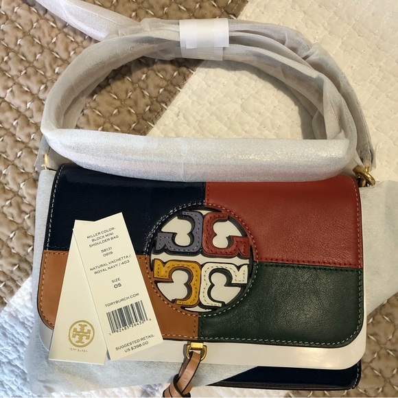 Tory Burch Miller Color-block Mini Shoulder Bag In Natural Vachetta / Royal Navy - Picture 8 of 8